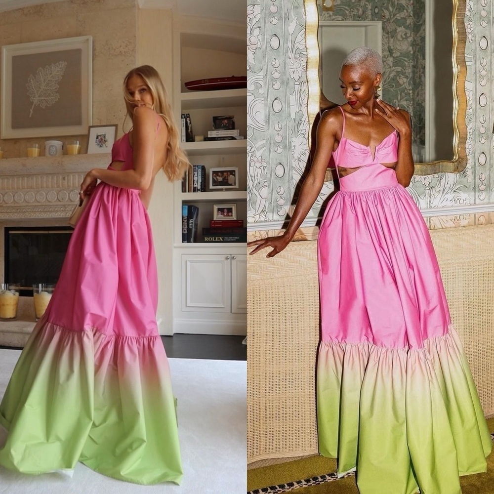 SAU LEE Nova Cutout Maxi Dress Gown in Pink Green Chartreuse Ombre Sz 2 US